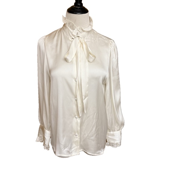 ZARA Women Size S Ivory Button-Up Satin Blouse with Tie Neck Long Sleeve NWT - Picture 1 of 15